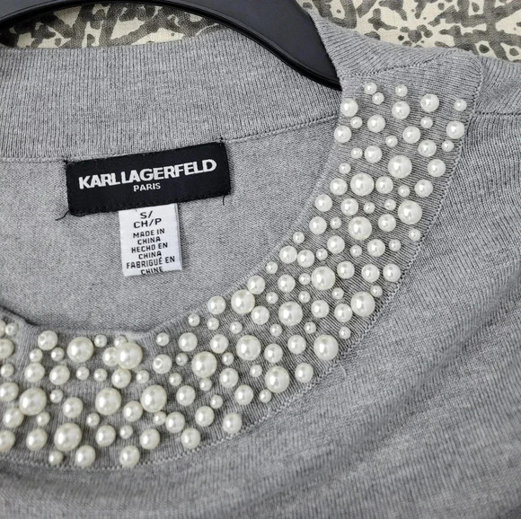 Karl Lagerfeld Pearl Embellished Neckline Quarter Sleeve - Picture 3 of 11